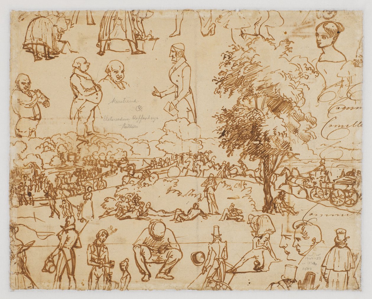 Landschaft mit Pferdewagen und zahlreichen Figurenskizzen od Wilhelm Marstrand