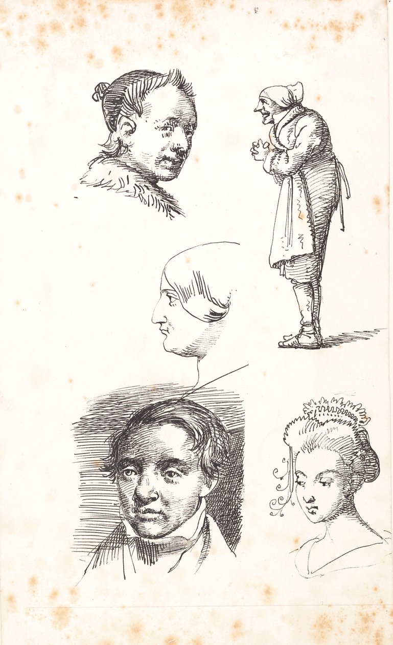 Studijní list se dvěma mužskými hlavami, dvěma ženskými hlavami a stojícím mužem od Wilhelm Marstrand