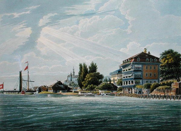 Hotel a penzion Bellevue na jezeře Lac de Thoune, vyrytý Bodmerem (barva litho) od Wilhelm Ulrich Oppermann
