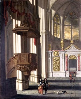 Interiér kostela s elegantními postavami (olej na panelu) od Wilhelm van Ehrenberg