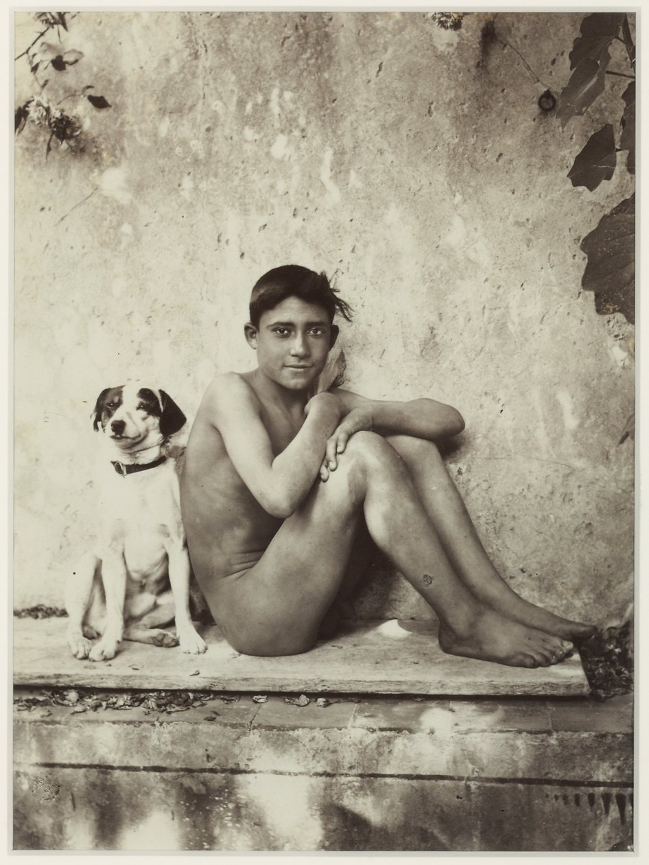 Chlapec a jeho pes, Taormina, Itálie, kolem roku 1900 (tisk alba) od Baron Wilhelm von Gloeden