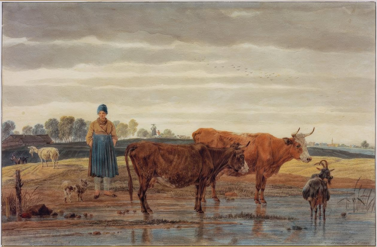 Farmářova žena s pasoucím se dobytkem u vody od Wilhelm von Kobell