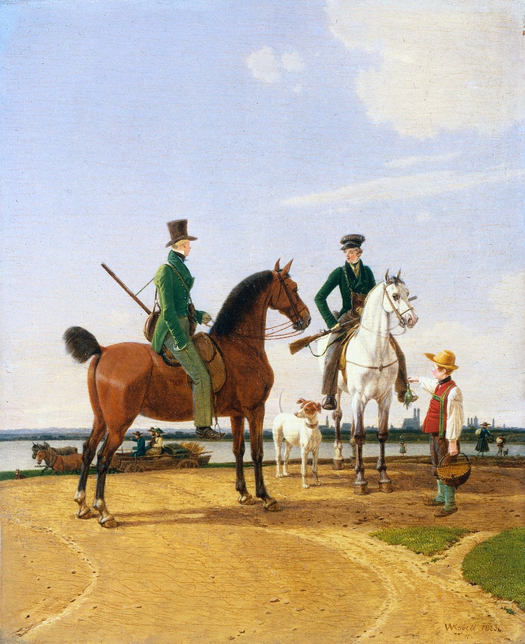 Lovec a pán u řeky Isar s výhledem na Mnichov od Wilhelm von Kobell
