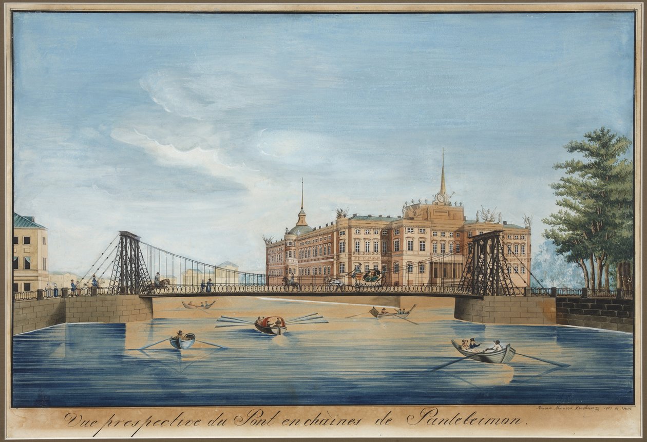 Pohled na Řetězový Panteleimonovský most a Michajlovský hrad (chateau saint Michel ou chateau des ingenieurs) přes Fontanku v Petrohradě - Wilhelm von Traitteur (1788-1859). Pero, štětec, akvarel, inkoust a bílá barva na papíře od Wilhelm von Traitteur