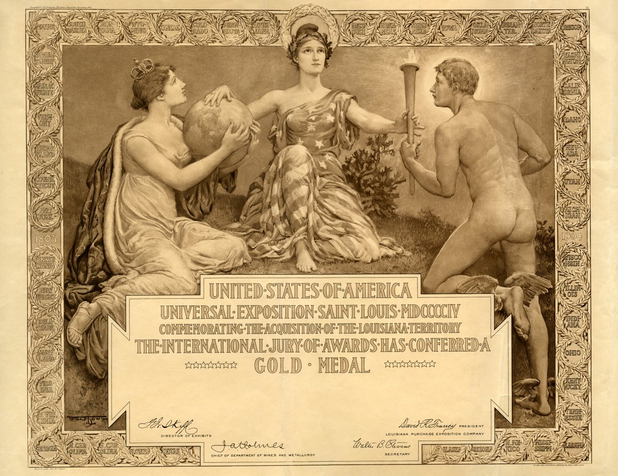 Louisiana Purchase Exposition prázdný certifikát zlaté medaile, 1904 od Will H. Low