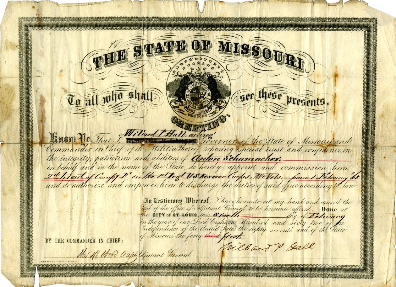 Vojenská komise Antona Schumachera jako 2. poručíka roty F v 1. pluku U.S.R.C., Missouri Volunteers, 6. února 1862 od Willard P. Hall