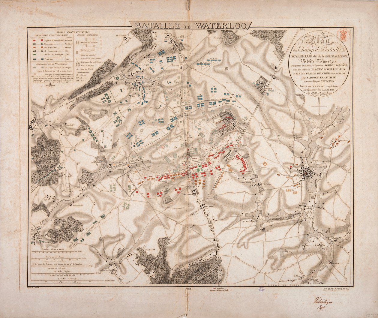Bitva u Waterloo, mapa bitevního pole, vyryl Jacowick, 1816 od Willem Benjamin Craan
