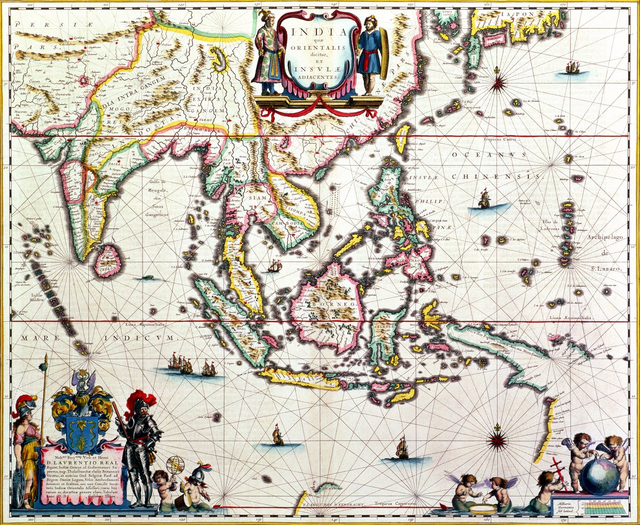 India Quae Orientalis Dicitur, Et Insulae Adiacentes, mapa jihovýchodní Asie a Východní Indie, vydáno, Amsterdam, cca 1635 (ručně kolorovaná rytina) od Willem Janszoon Blaeu