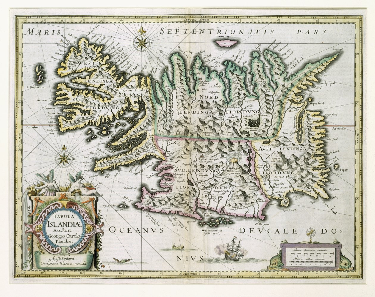 Mapa Islandu (barevná rytina) od Willem Janszoon Blaeu