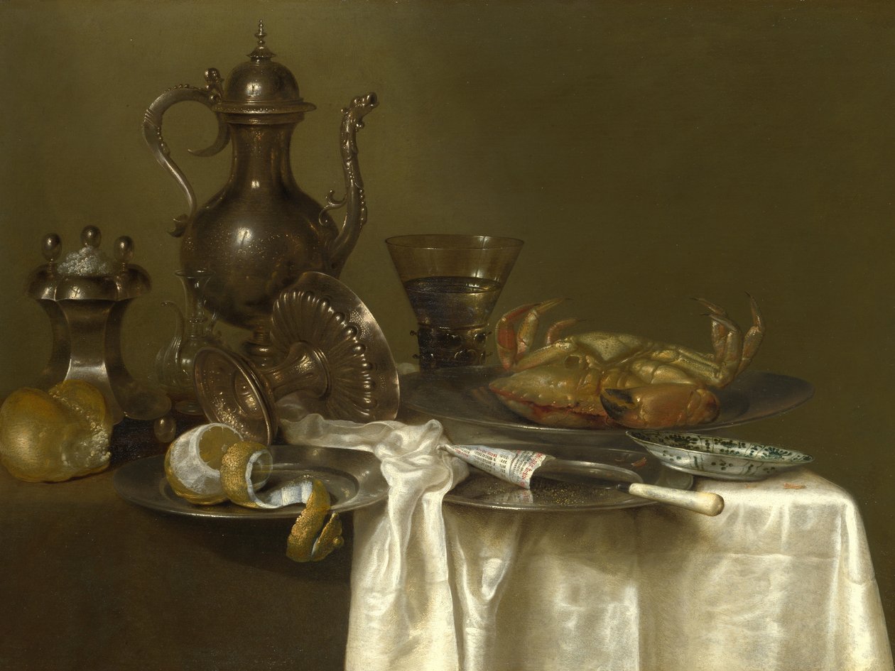 Zátiší: Cínové a stříbrné nádoby a krab, c.1633-37 od Willem Claesz. Heda