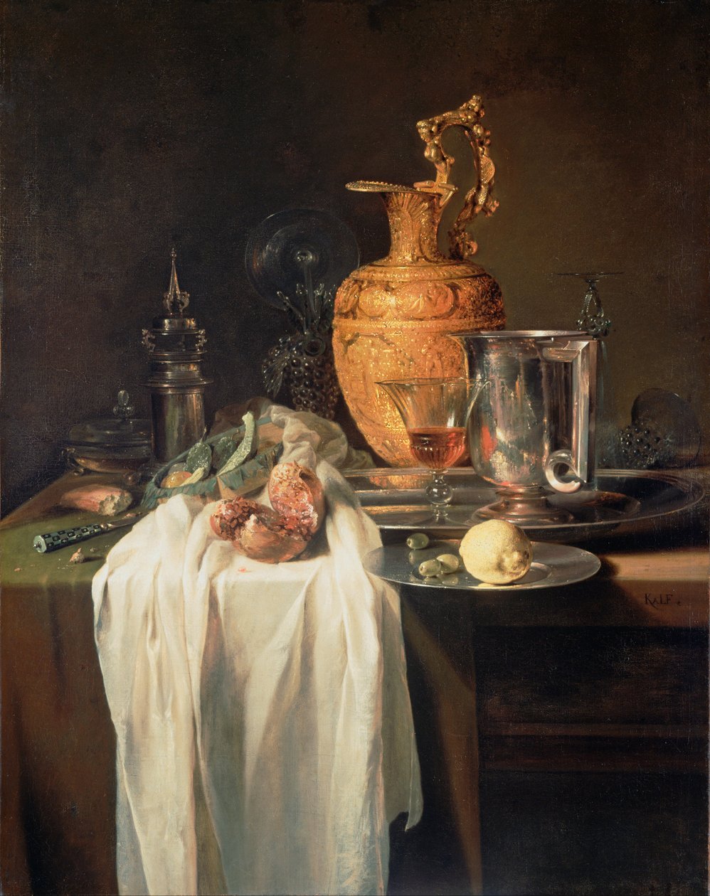 Zátiší s Ewerem, nádobami a granátovým jablkem od Willem Kalf