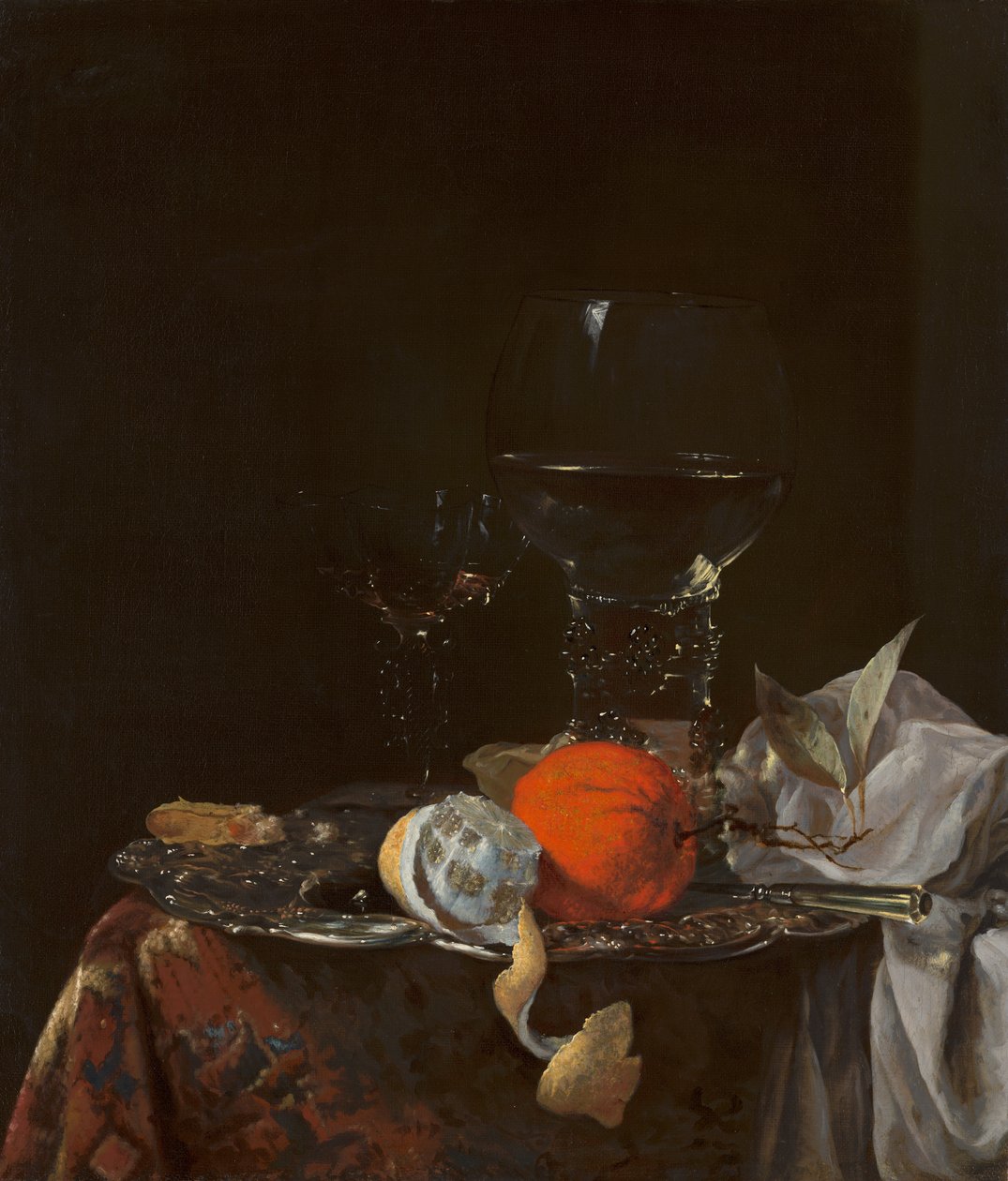Zátiší s ovocem a sklenicemi na stříbrném podnose od Willem Kalf