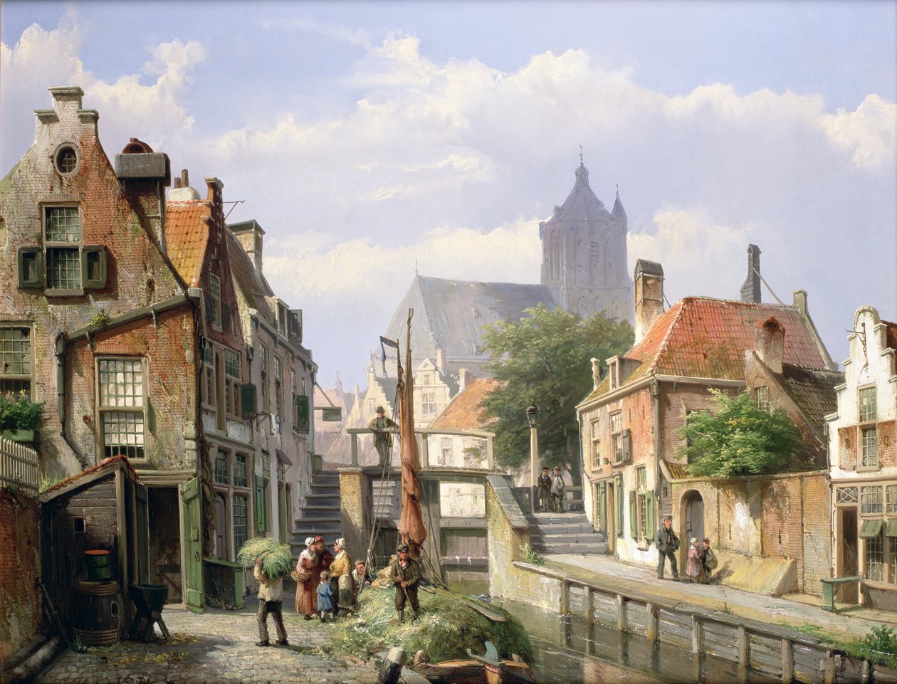 Vykládání Hay Barge, Haarlem od Willem Koekkoek