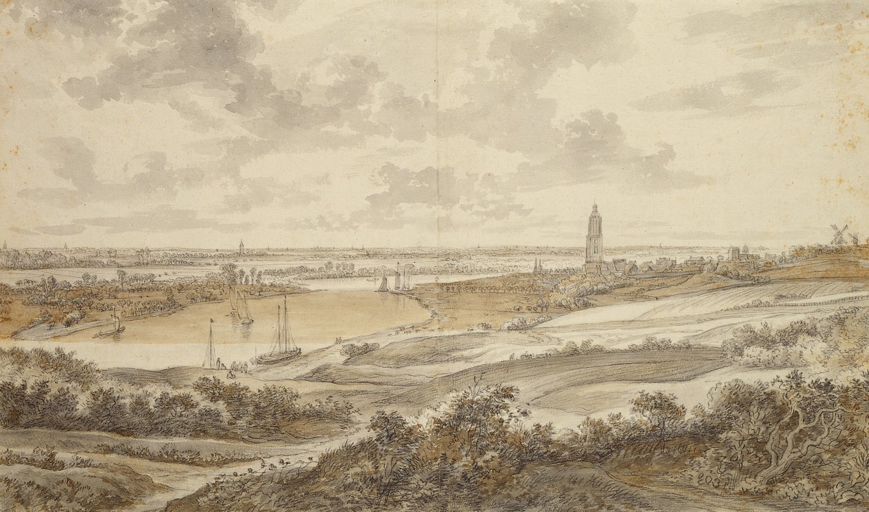 Panorama s městem Rhenen (černá křída s perem a hnědým inkoustem na papíře) od Willem Schellinks