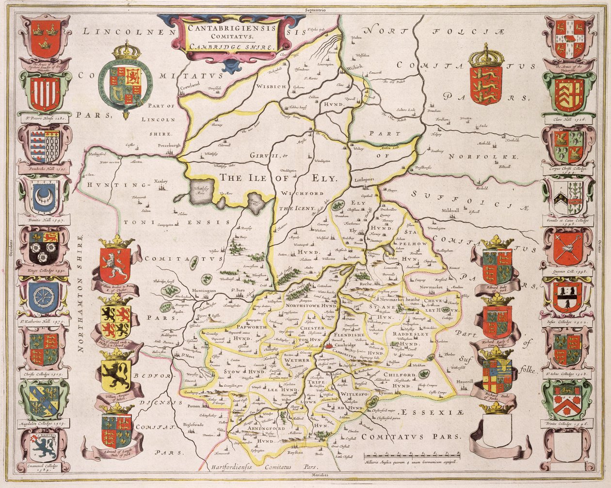 Mapa Cambridgeshire, publikovaná Amsterdam c.1647-48 (ručně kolorovaná rytina) od Joan Blaeu