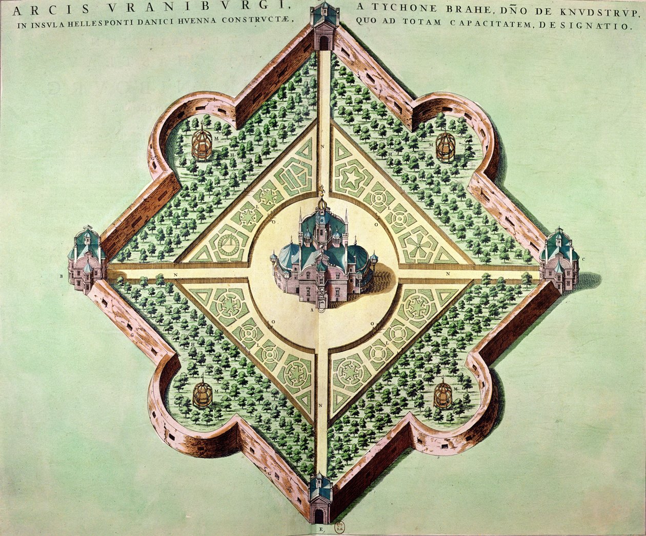 Plán hradu a observatoře Uraniborg, postavený kolem roku 1584 Tycho Brahe (1546-1601) na ostrově Hven, Dánsko z 