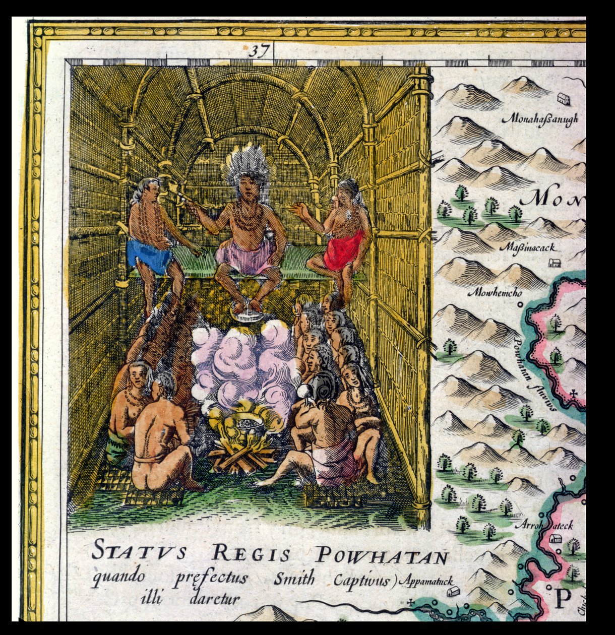 Náčelník kmene Powhattan, detail z „Nova Virginiae Tabula“, vyrytý Jodocusem Hondiem (1563-1612) a Dirckem Grypem, 1647 od Joan Blaeu
