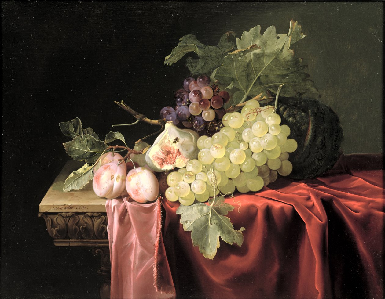 Zátiší s hrozny, švestkami, fíky a melounem na částečně potažené kamenné římse, 1653 od Willem van Aelst