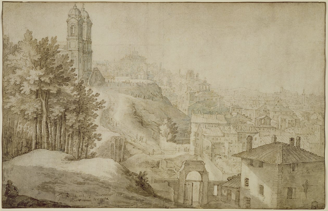PD.516-1963 Pohled na Trinita dei Monti, Řím, 1603 (pero a inkoust s praním) od Willem van Nieulandt