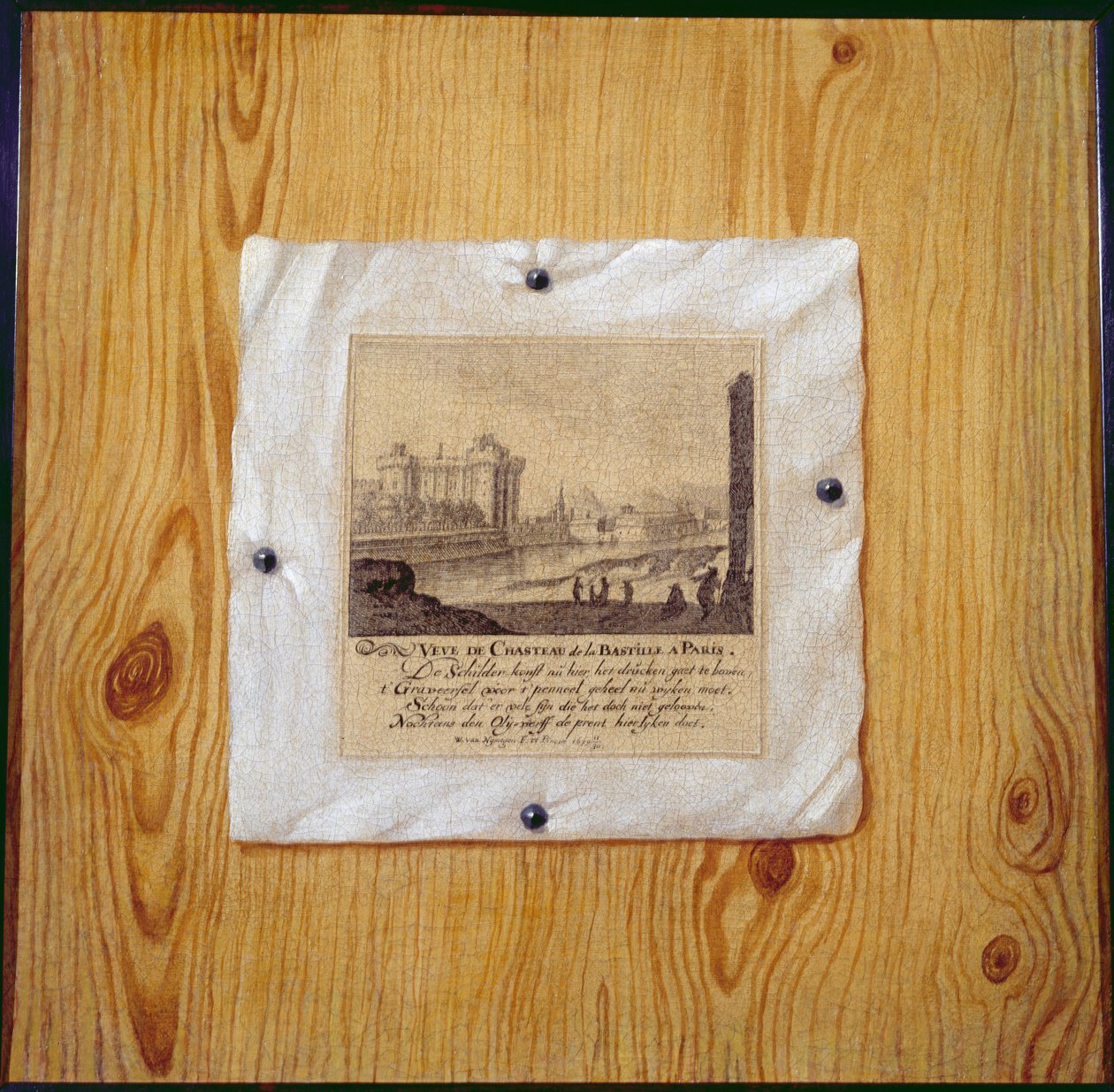 Trompe LOeil rytiny pařížské Bastily přibité na dřevěné příčce 1679 od Willem van Nijmegen
