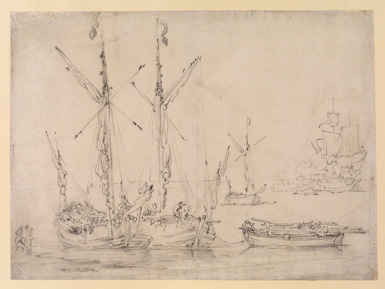 Scéna v ústí řeky: tři Gallioty, člun a fregata střílející pozdrav, kolem roku 1675 (grafit na papíře) od Willem van de Velde