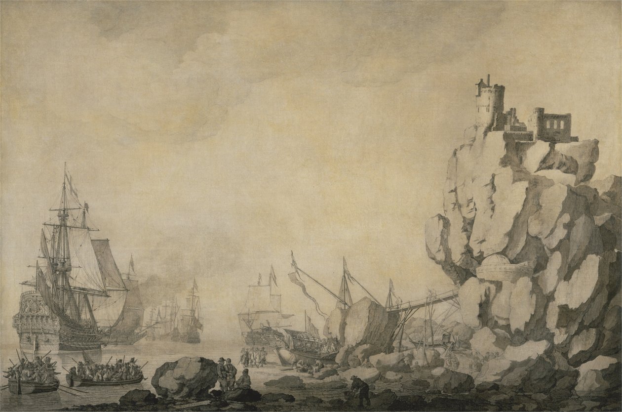 Lodě a milice u skalnatého pobřeží od Willem van de Velde the Elder
