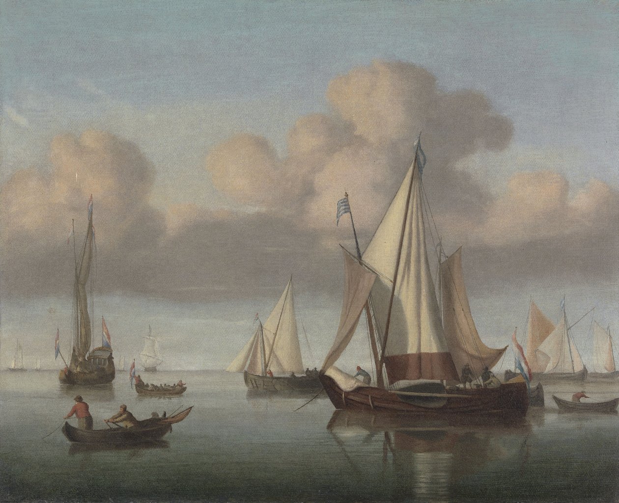Kaag na kotvě se zvednutými plachtami a státní jachtou a jinou lodí od Willem van de Velde the Younger