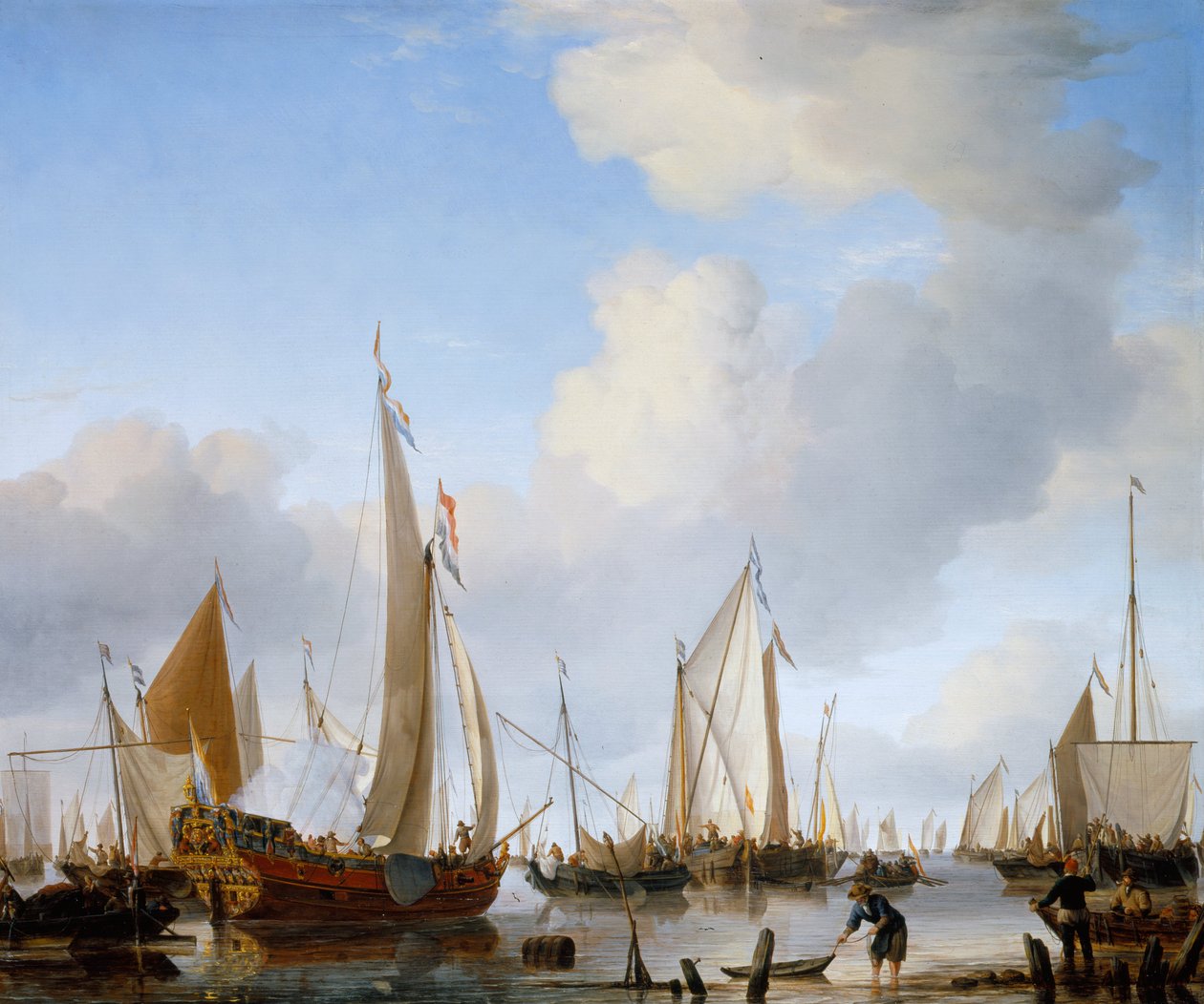 Klidná- jachta států pod plachtami poblíž pobřeží s mnoha dalšími plavidly od Willem van de Velde the Younger