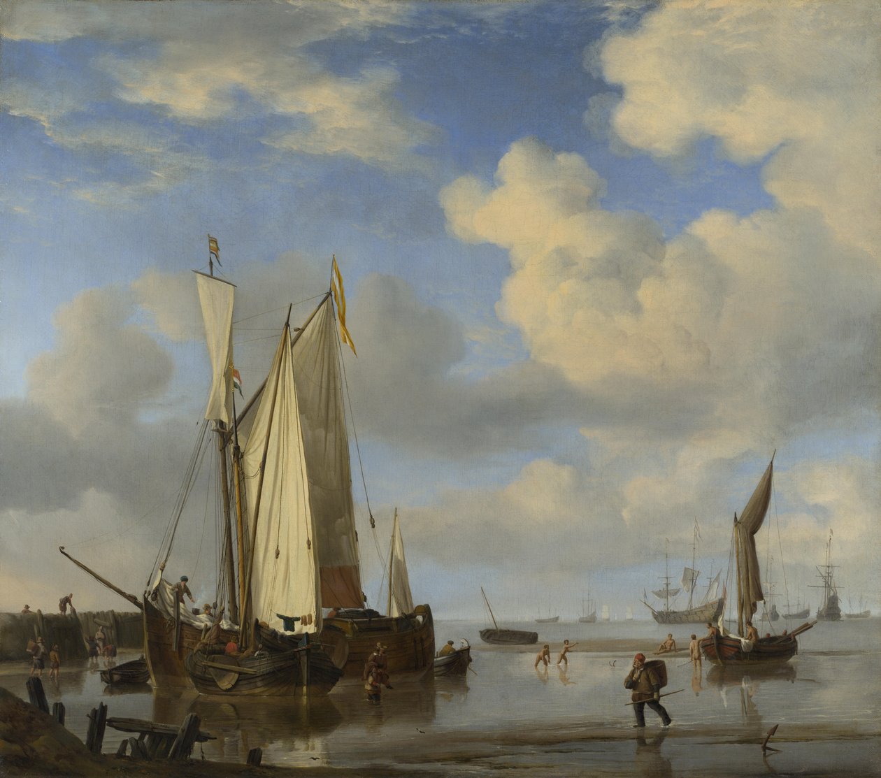 Holandské lodě zavírají při odlivu Pobřeží a koupající se muži od Willem van de Velde the Younger