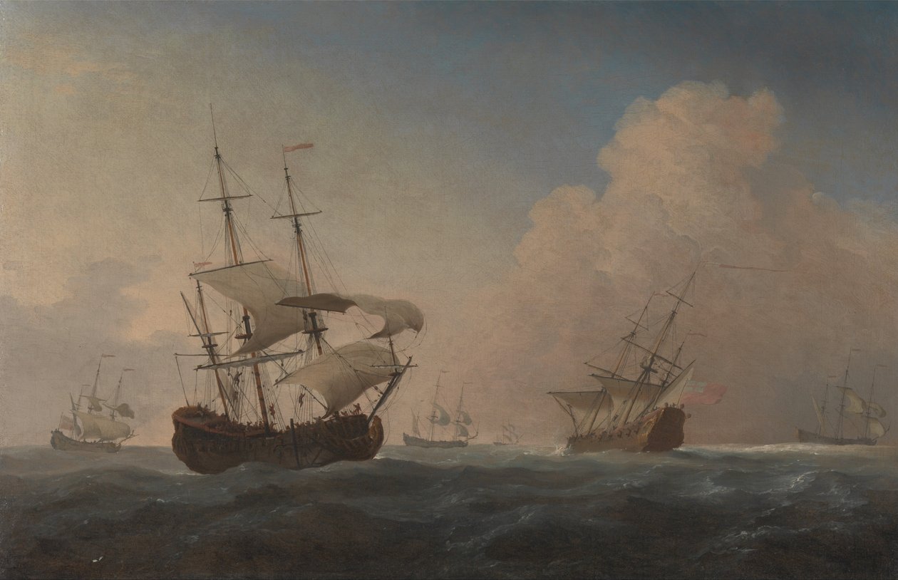 Anglické válečné lodě, které se pohybují ve větru na moři od Willem van de Velde the Younger