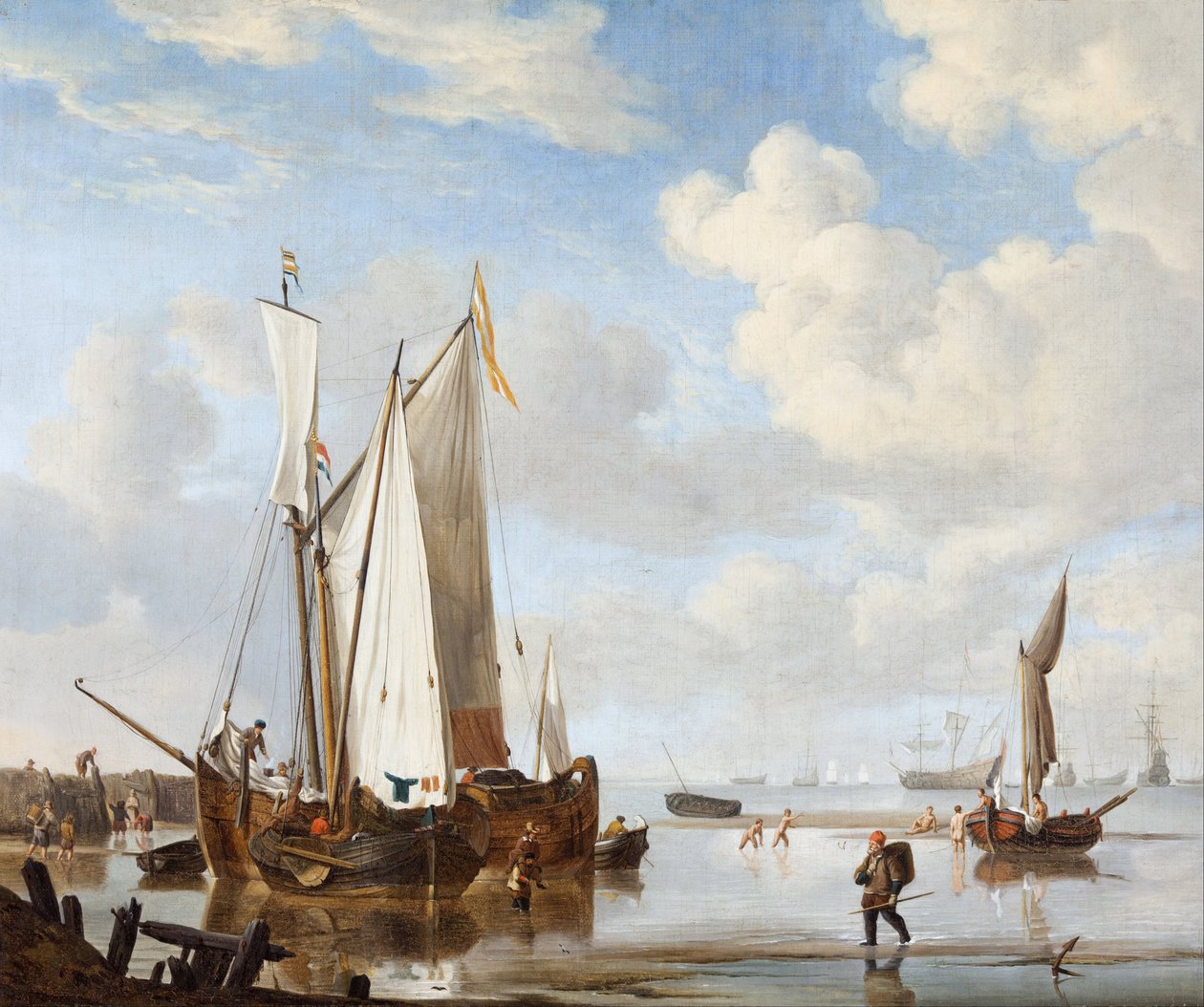 Wijdschip a kaag ve vstupu blízko mořské zdi od Willem Velde Younger and the de van workshop