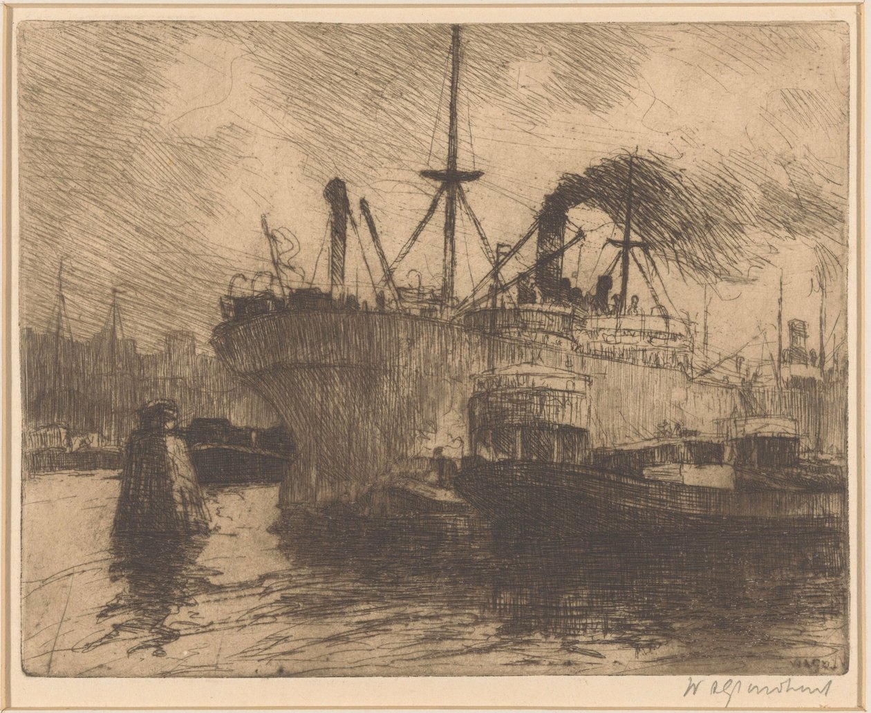 Kotvící lodě v přístavu Rotterdam od Willem Adrianus Grondhout (signed by artist)