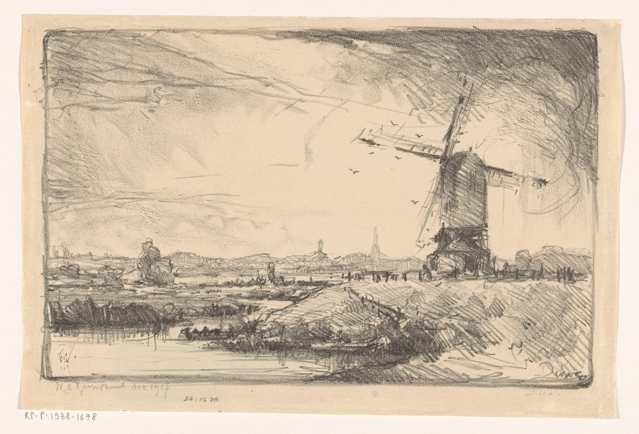 Krajina s větrným mlýnem poblíž Leidenu od Willem Adrianus Grondhout (signed by artist)