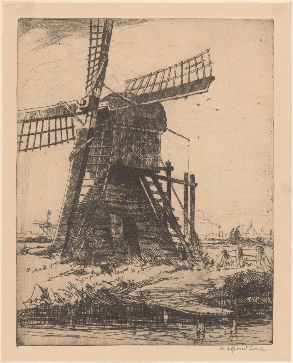 Větrný mlýn na vodě poblíž Leidenu od Willem Adrianus Grondhout (signed by artist)