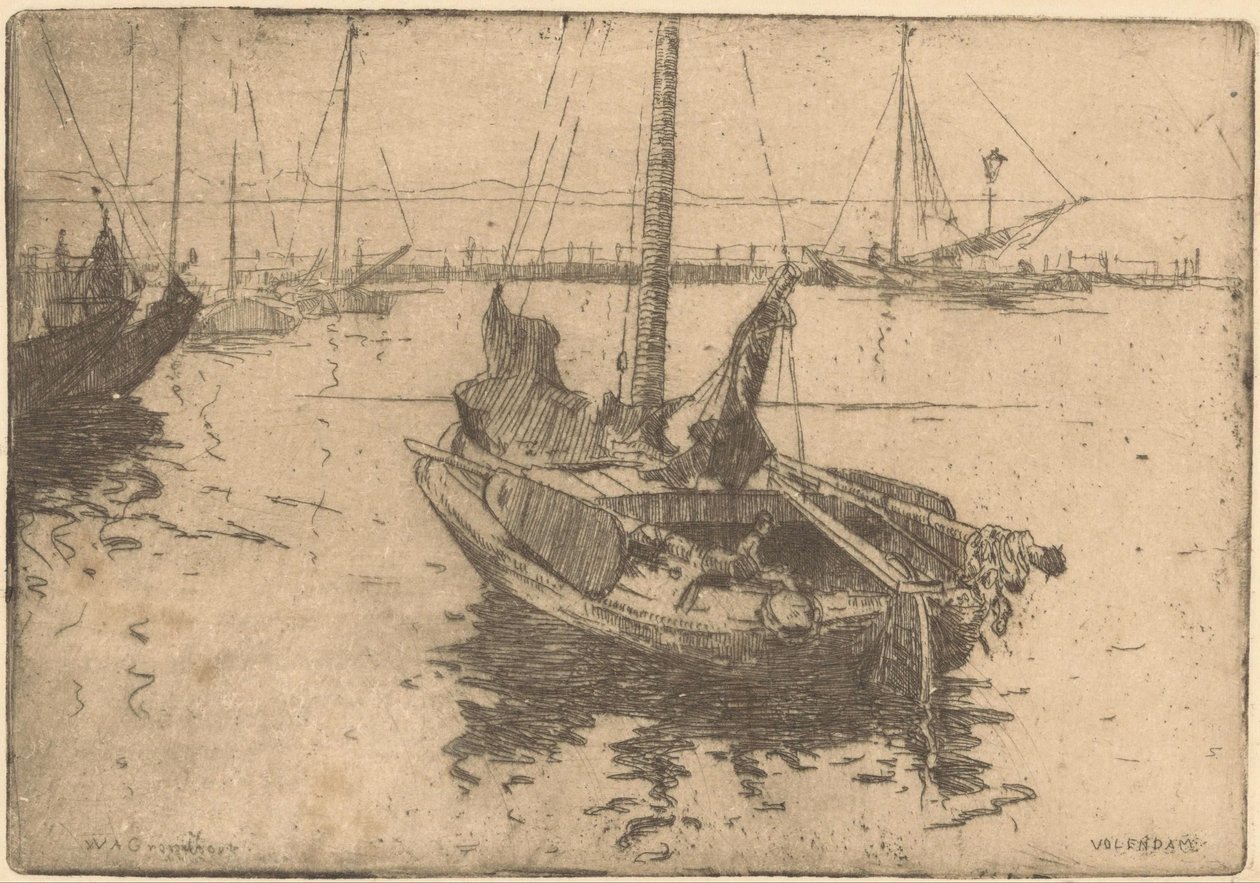 Čluny v přístavu Volendam od Willem Adrianus Grondhout (signed by artist)