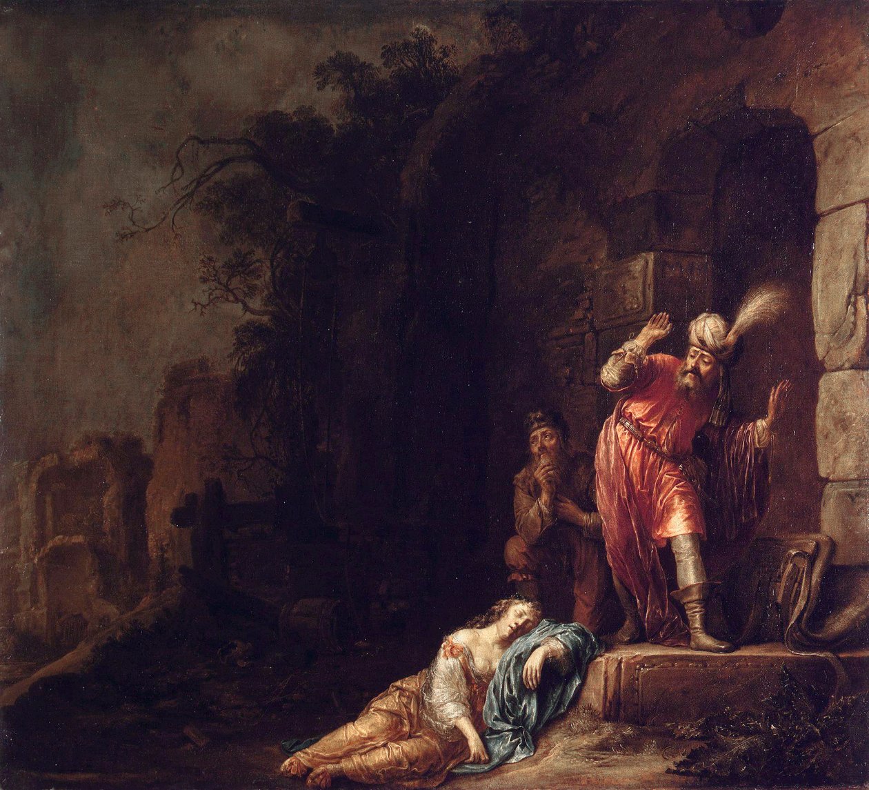 ""Levita z Efraima"" Levita objeví bezvládné tělo své milované týrané bandity (Smrt levitské konkubíny) Obraz Willema Bartsia (Bartius) (1612-1657) od Willem Bartsius