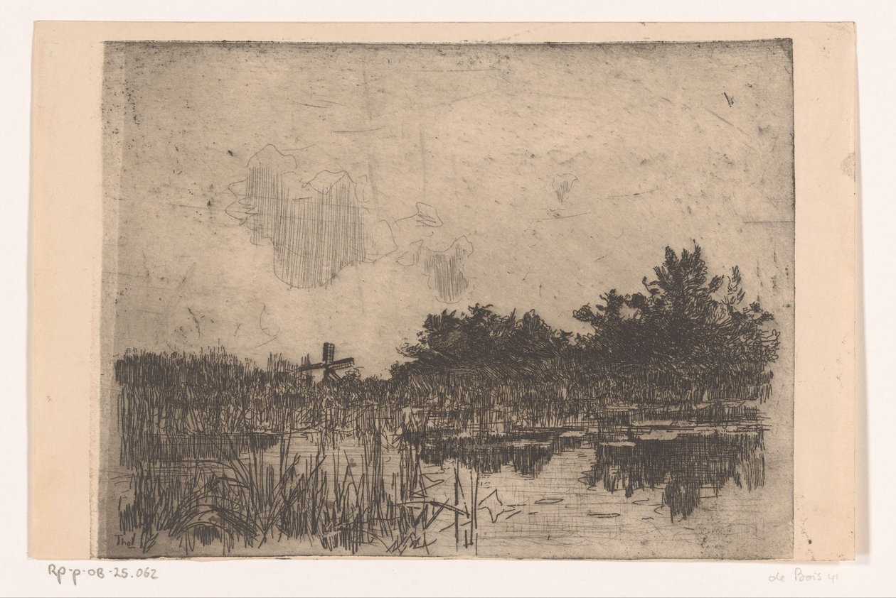 Jezero s rákosem a vodním mlýnem, nedaleko Giethoornu Kolk s vodním mlýnem (Giethoorn) (původní název) od Willem Bastiaan Tholen