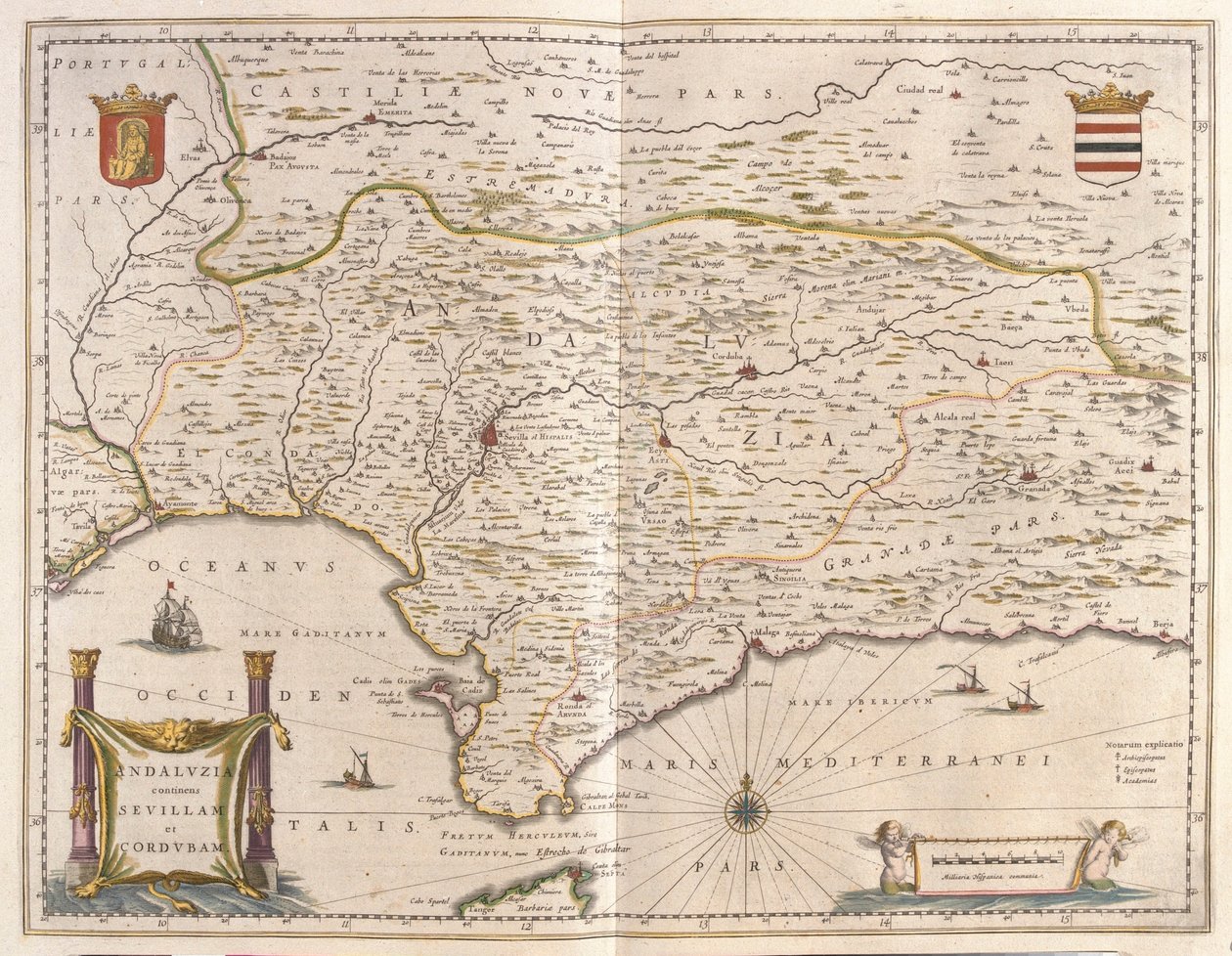 Andalusie a město Sevilla, Gibraltarský průliv, v "Theatrum Orbis Terrarum, sive Atlas Novus" Willema Blaeua, Amsterdam od Willem Blaeu