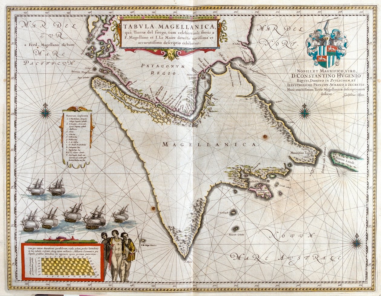 Argentina, Chile, Magellanův průliv, Fuego, v "Theatrum Orbis Terrarum, sive Atlas Novus" Willema Blaeua, Amsterdam od Willem Blaeu