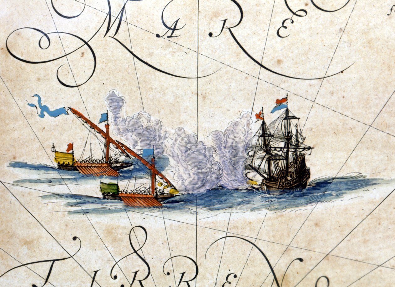 Bitva mezi dvěma galérami a karakou. Atlas Willem Janszoon Blaeu (1571 - 1638) od Willem Blaeu