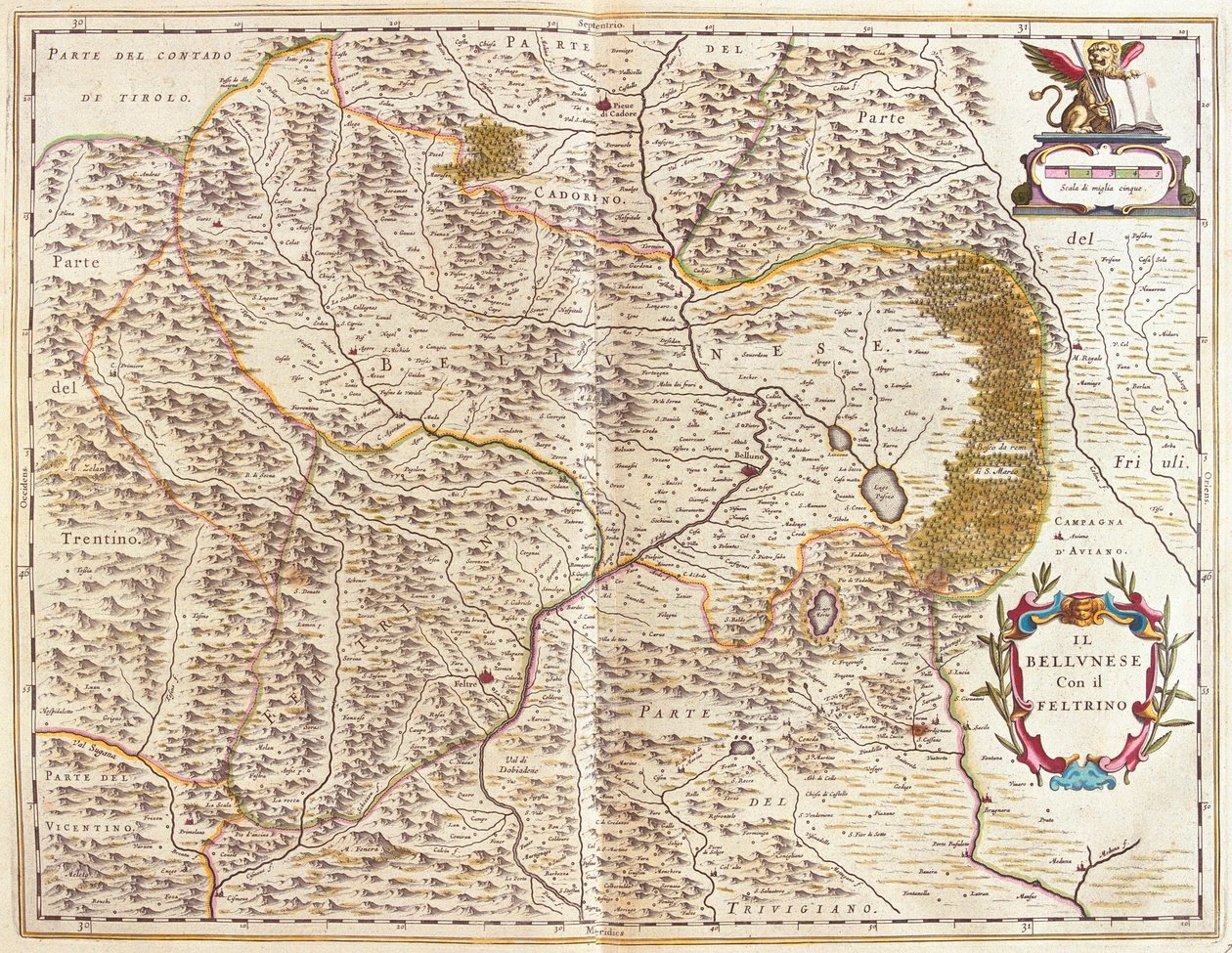 Belluno a Feltre, Itálie, v "Theatrum Orbis Terrarum, sive Atlas Novus" Willema Blaeua, Amsterdam od Willem Blaeu