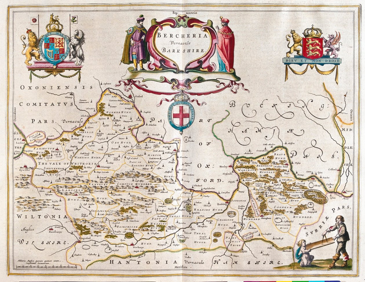 Berkshire, v "Theatrum Orbis Terrarum, sive Atlas Novus" Willema Blaeua, Amsterdam od Willem Blaeu