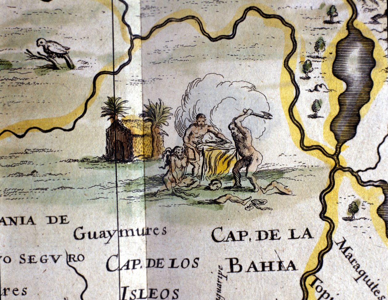 Brazílie. Kanibalové představující muže se sekerou. Detail mapy Atlasu W. Blaeu od Willem Blaeu