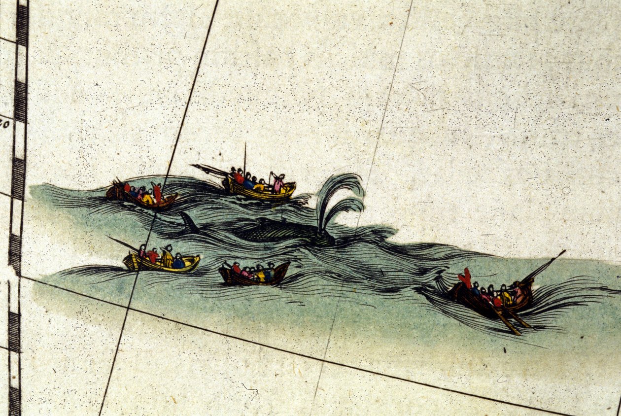 Bretaňští rybáři loví velrybu ruční harpunou. Detail z Atlasu Williama Blaeu, vytištěného v Amsterdamu v roce 1665 od Willem Blaeu