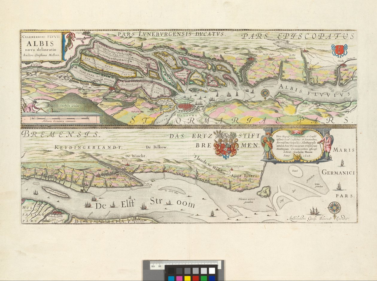 Celeberrimi Flvvii Albis nova delineatio : Viris Magnificis Amplißimis et Consultißimis Domis. Consulibus et Senatoribus, florentissimae Republicae Hamburgensis tabulam, hanc Provinciarum et Insularum Hamburgum Circumiacentium officiose dedicat / Auctore C od Willem Blaeu