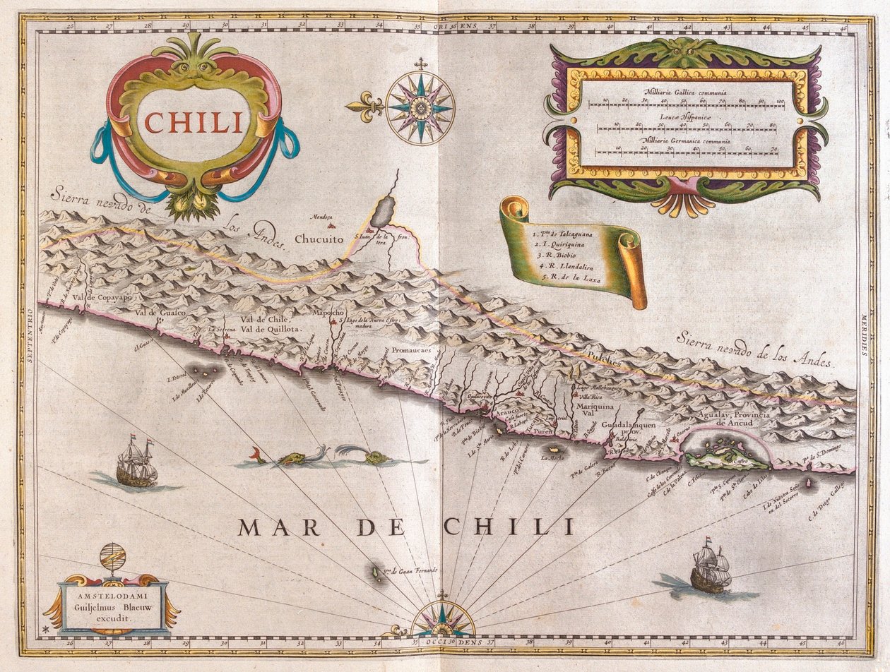 Chile, v "Theatrum Orbis Terrarum, sive Atlas Novus" Willema Blaeua, Amsterdam od Willem Blaeu
