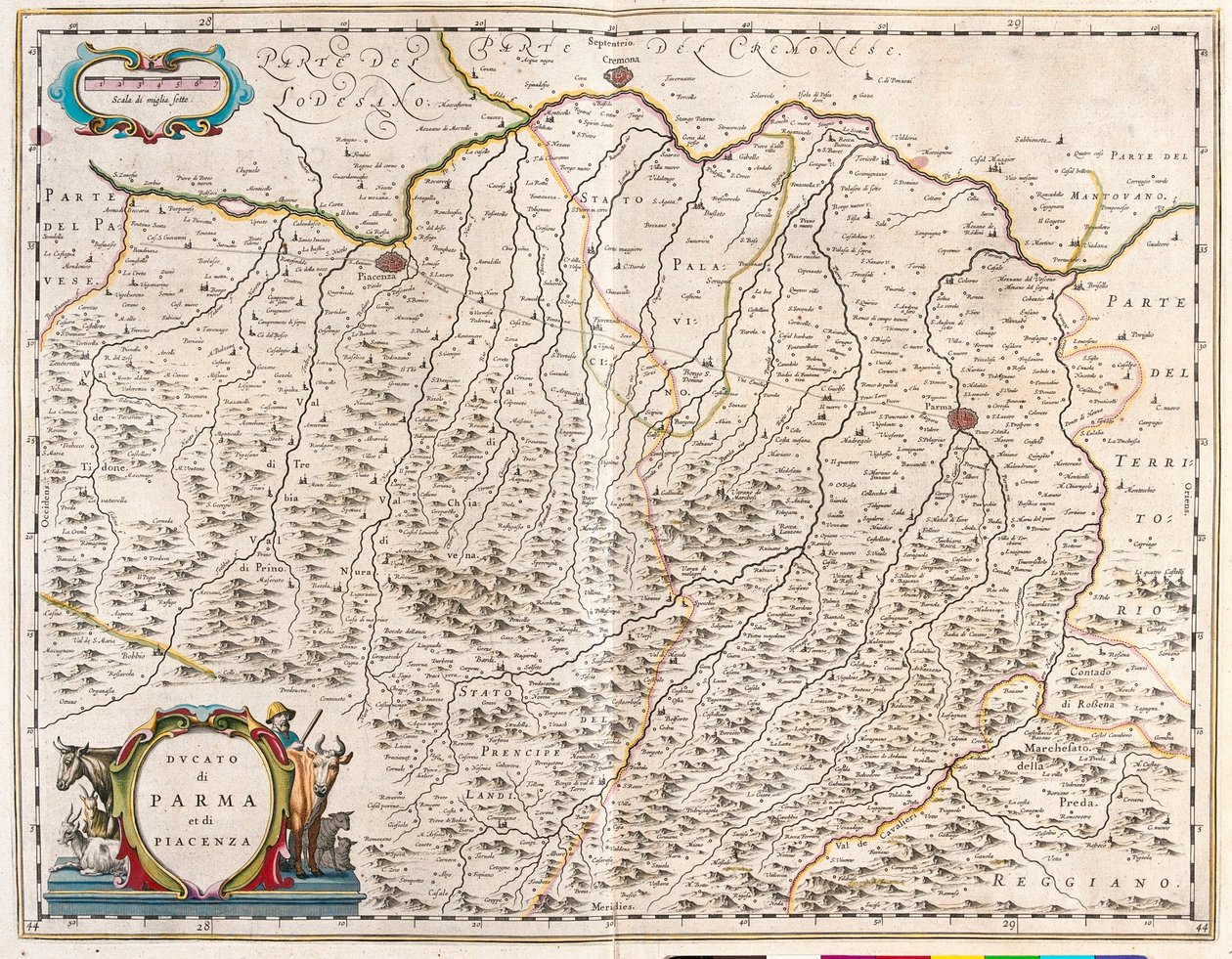 Města Parma a Piacenza v Itálii, Theatrum Orbis Terrarum, sive Atlas Novus, Willem Blaeu, Amsterdam od Willem Blaeu