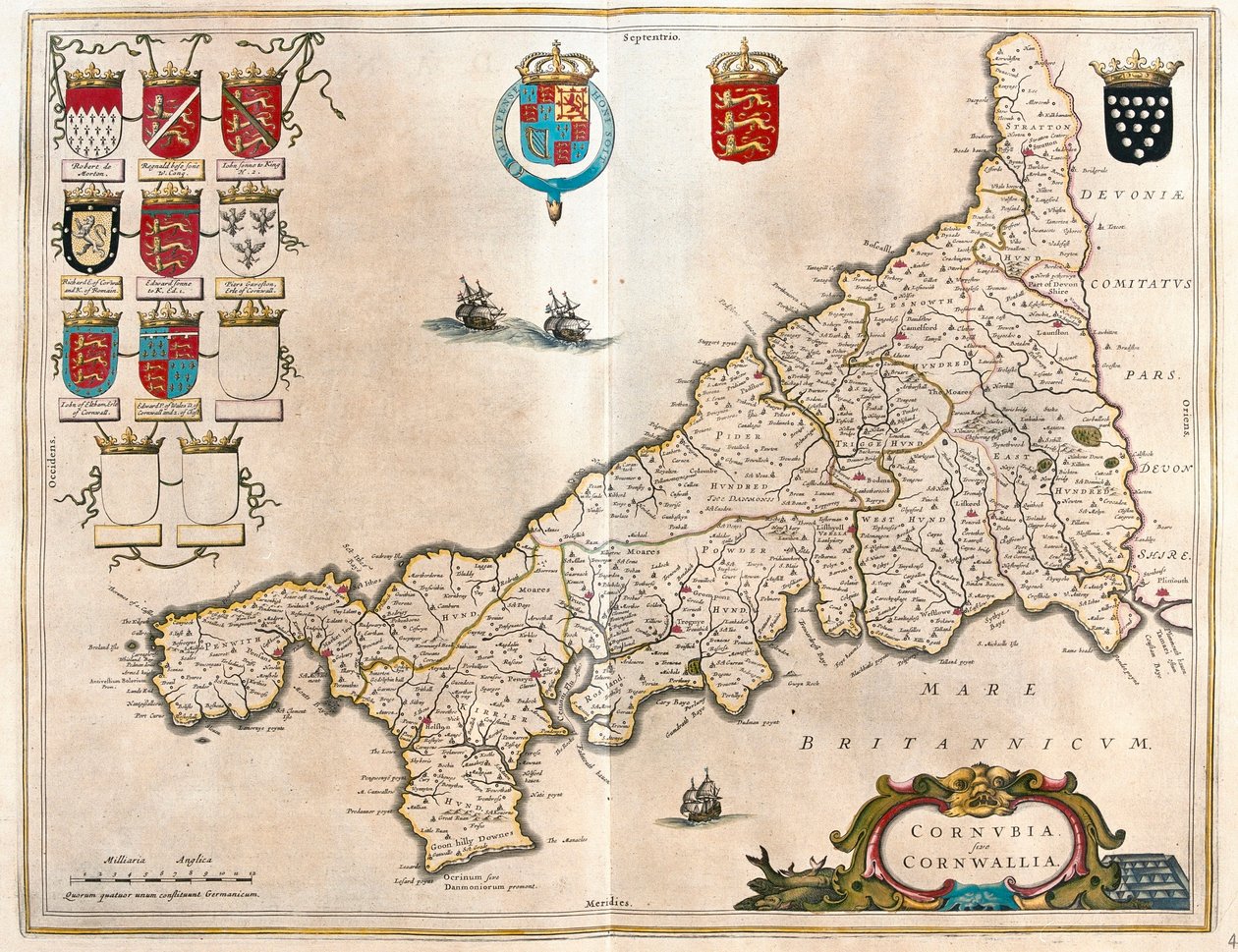 Cornwall, v "Theatrum Orbis Terrarum, sive Atlas Novus" Willema Blaeua, Amsterdam od Willem Blaeu