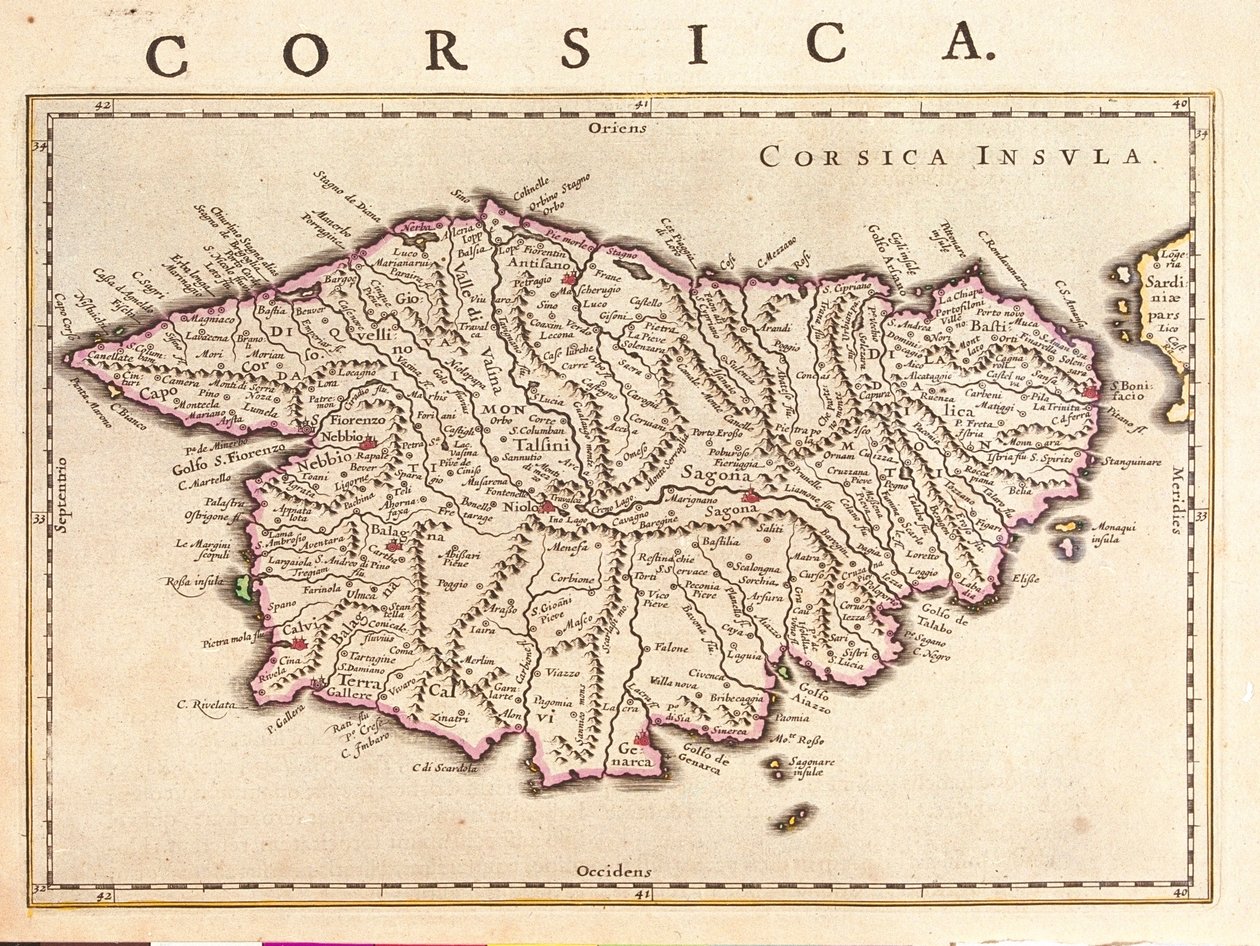 Ostrov Corsica, "Theatrum Orbis Terrarum, sive Atlas Novus", Willem Blaeu, Amsterdam od Willem Blaeu
