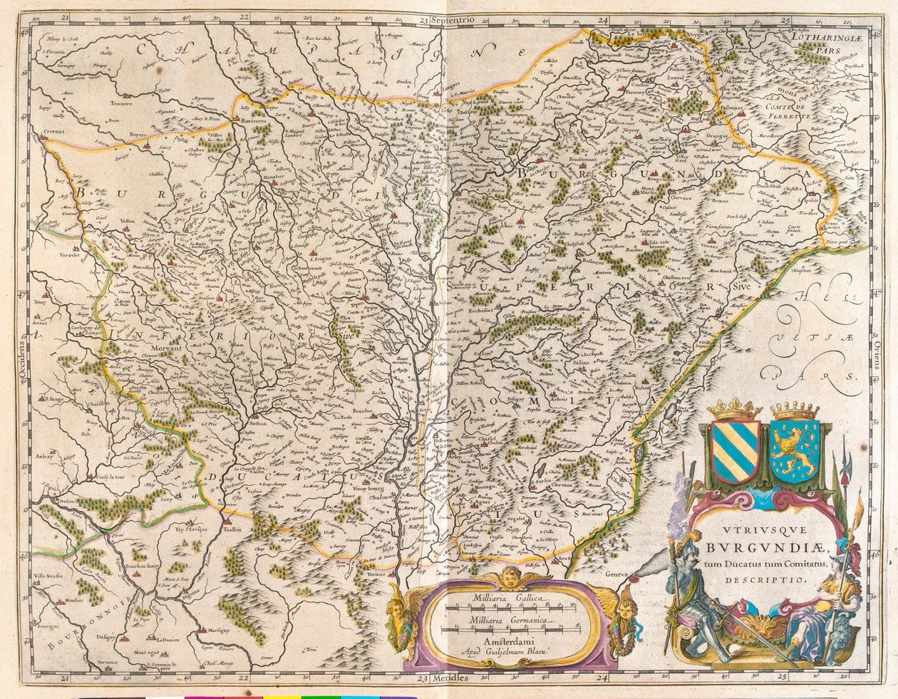 Crevant - Montbeliard - Varennes-sur-allier, v "Theatrum Orbis Terrarum, sive Atlas Novus" Willema Blaeua, Amsterdam od Willem Blaeu